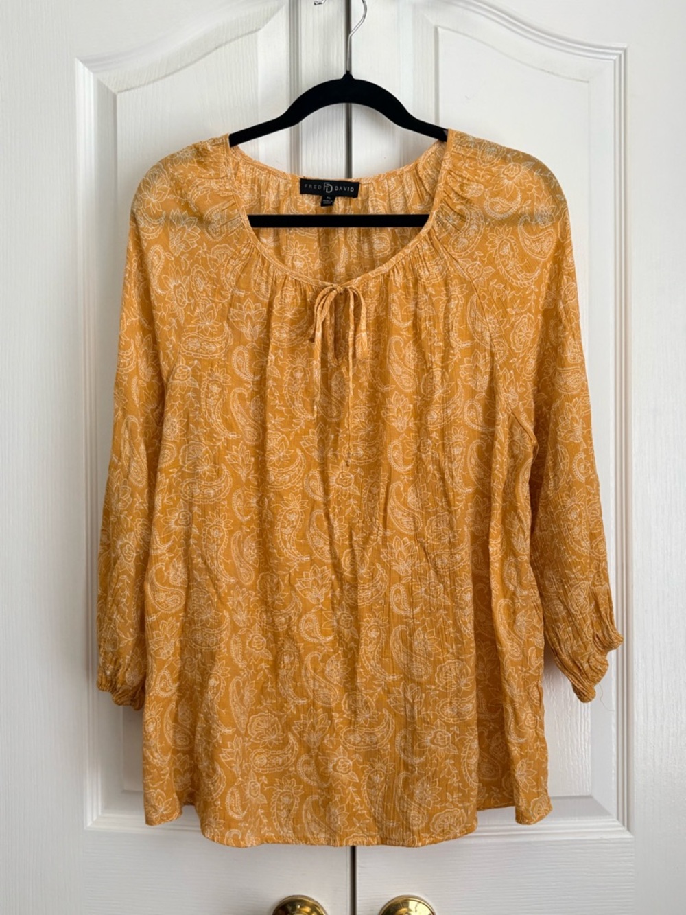 Fred David Peasant Top, Mustard Yellow, & White paisley, size xl